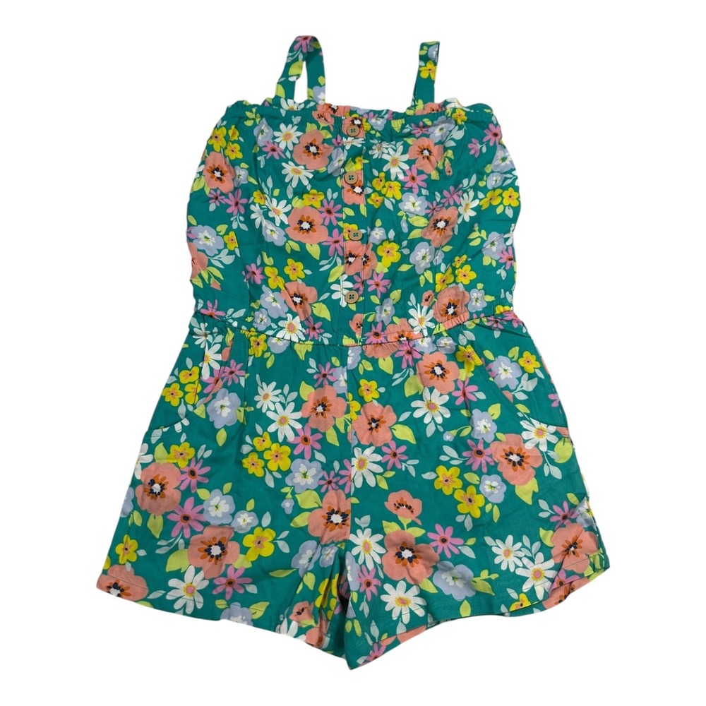 Cat & Jack Girls Floral Romper Green Pink‎ Yellow Button Front Size M (7/8)